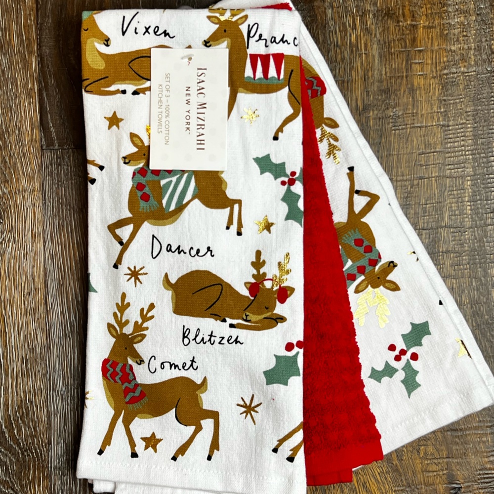 Isaac Mizrahi - ‘Santa’s Reindeer’ Dish Towels (3). NWT. Firm!